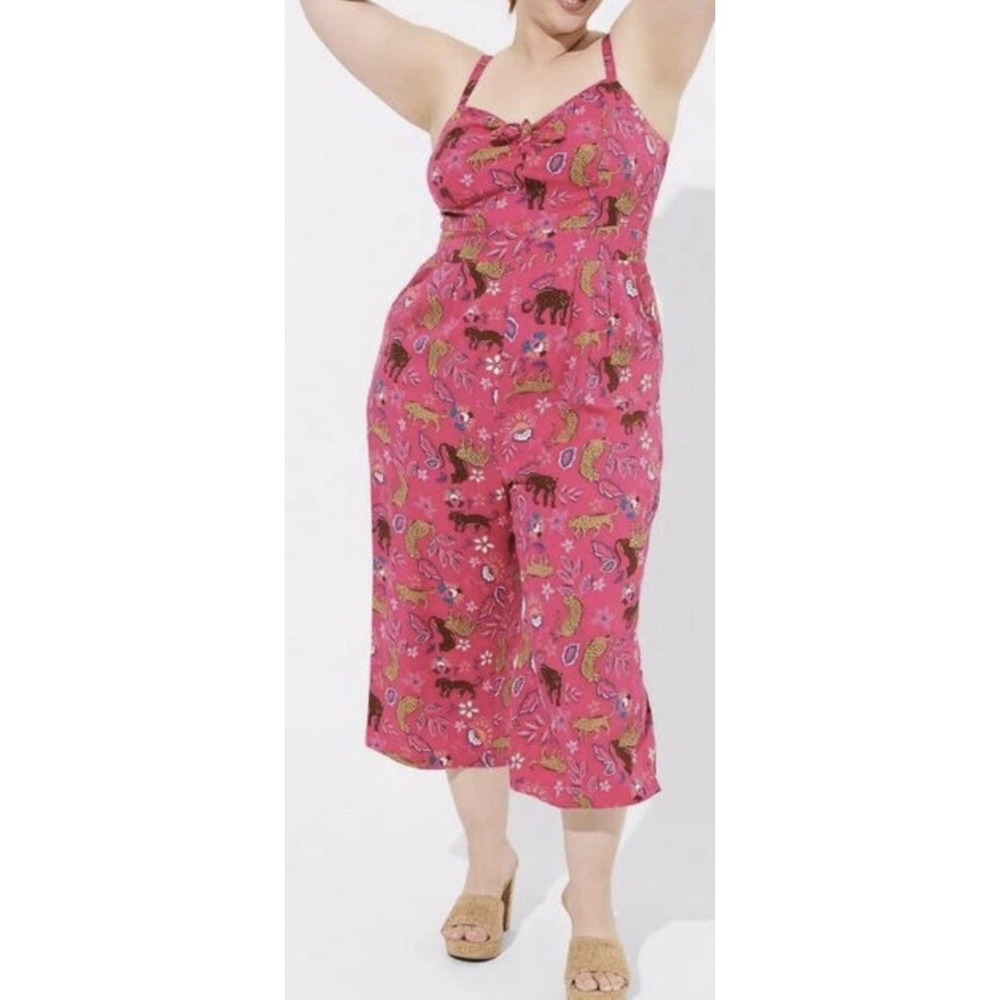 Torrid Culotte Jumpsuit Women 0X Pink Leopard Print Tie Front Pockets Sleeveless